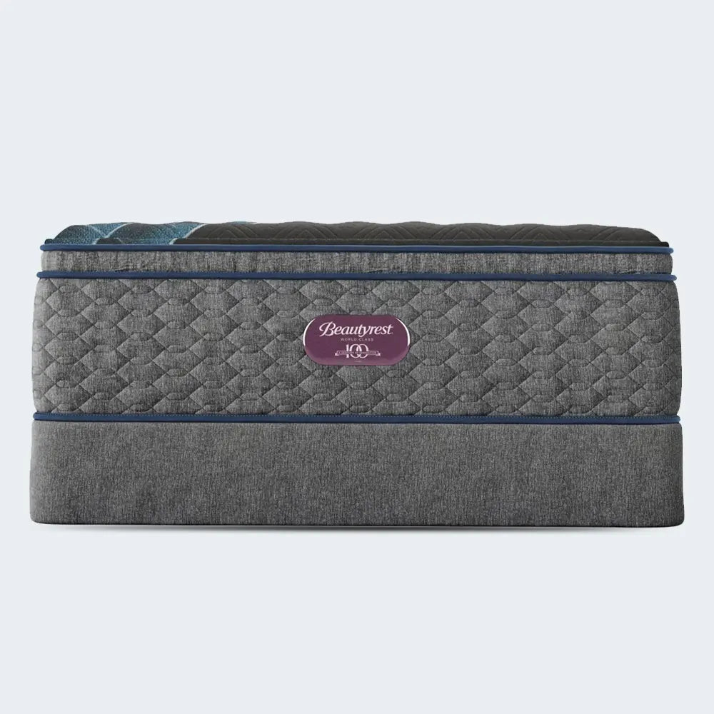 Side profile of the 16.25-inch Simmons Beautyrest World Class Level Four Firm Pillow Top Mattress and box spring.
