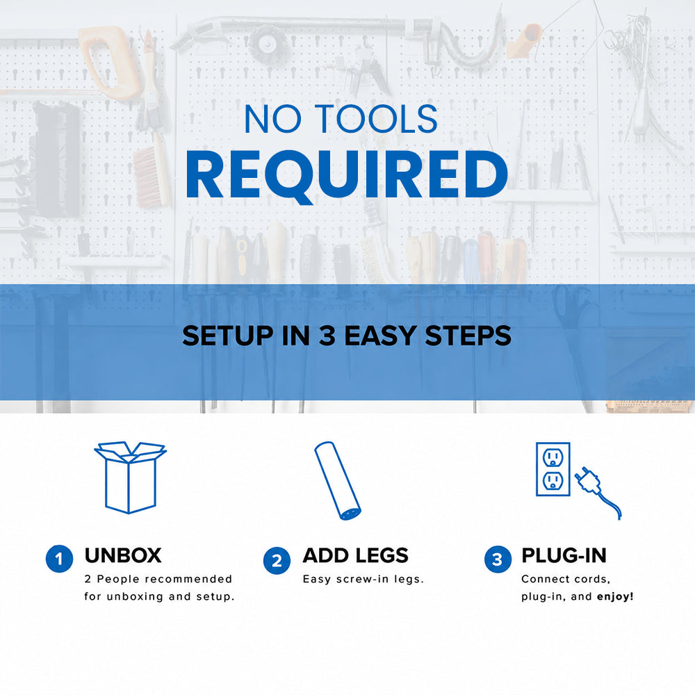 Easy 3-step setup guide for the SBKDG2 adjustable bed frame showing no-tools-required assembly: unbox, screw in legs, and plug-in.
