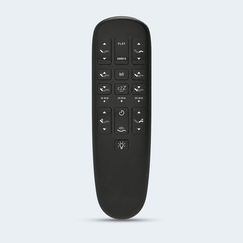 Wireless remote control for the SBKDL2 adjustable bed, featuring one-touch anti-snore, zero-gravity, memory buttons, and dual massage settings.
