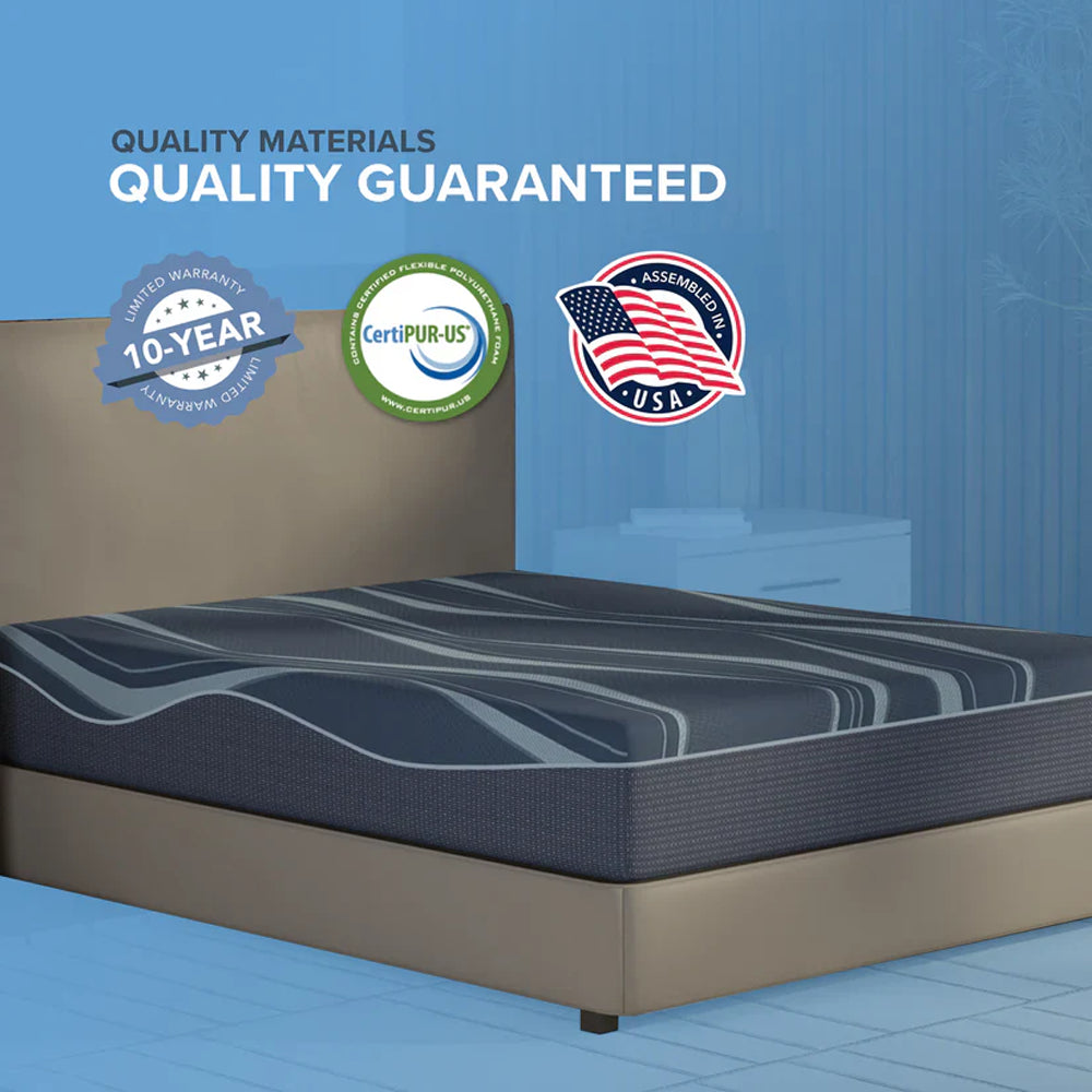 South Bay mattress quality certifications featuring a 10-year limited warranty, CertiPUR-US certified foam, and Assembled in the USA seal.
