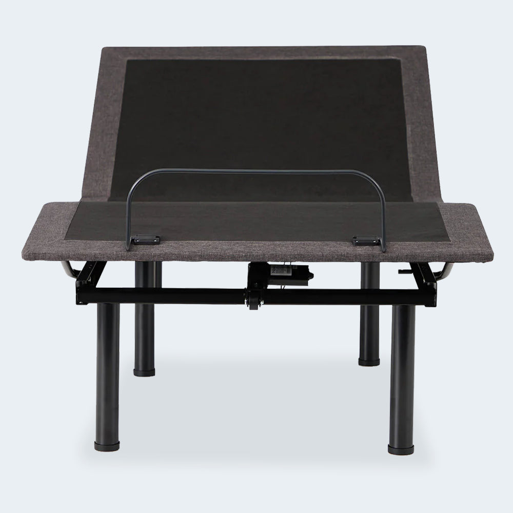 High-angle view of the Malouf E455 adjustable bed frame isolated on white, demonstrating the full range of ergonomic motion.
