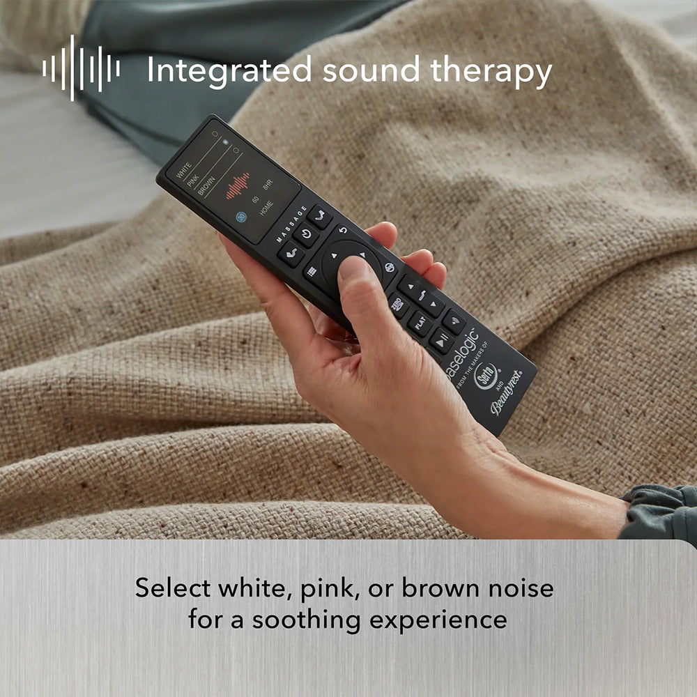 Integrated sound therapy feature on the Baselogic remote, offering white, pink, and brown noise settings for a soothing sleep experience.
