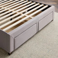 Functional underbed storage drawers on the upholstered Malouf Watson bed frame for hidden bedroom organization.
