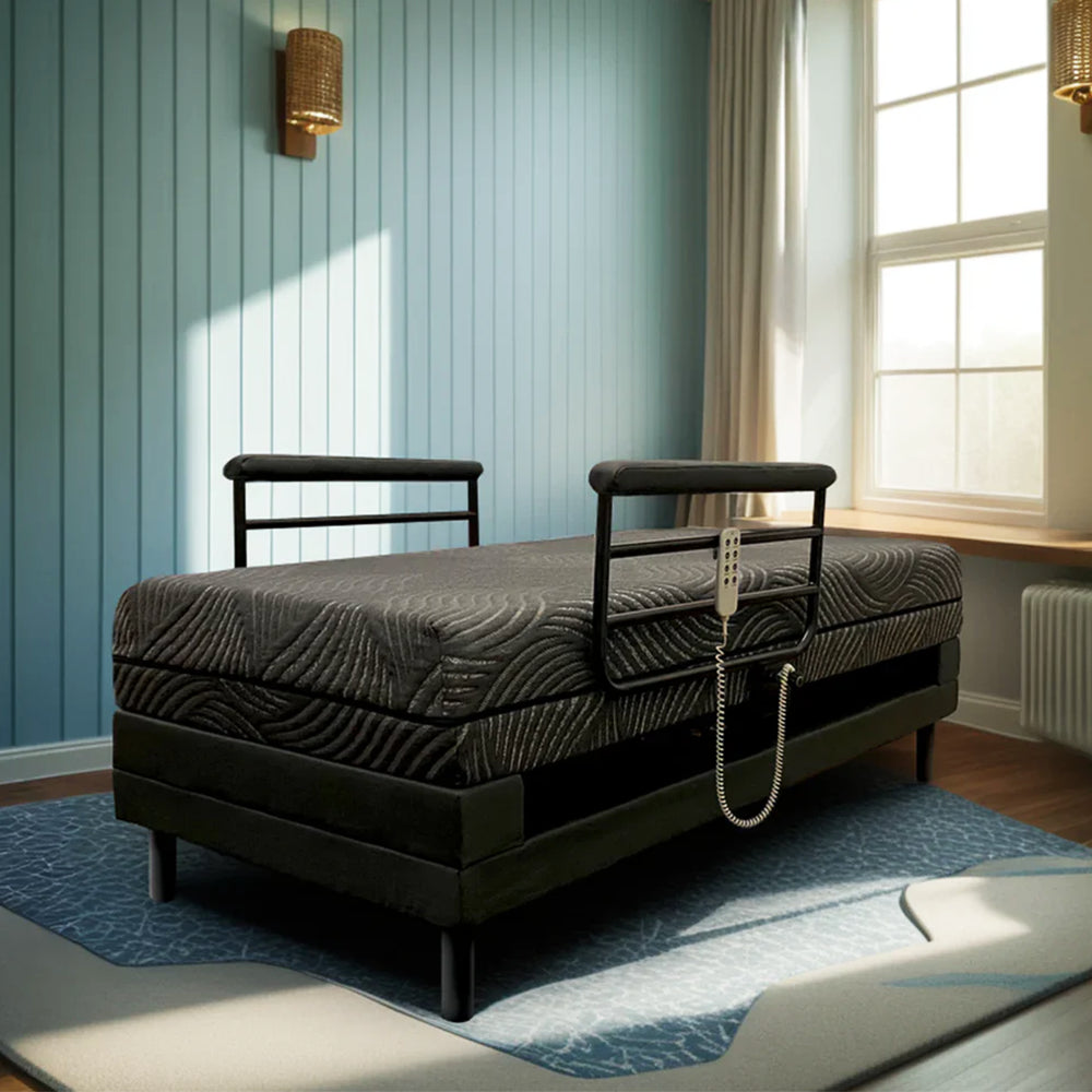 Modern home care bedroom setting featuring the Independence rotating bed with wired remote control for senior independence.
