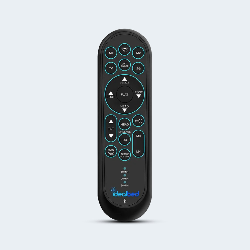 Close-up of the iDealBed Smart 4iT wireless remote featuring buttons for massage, zero-gravity, and anti-snore presets.
