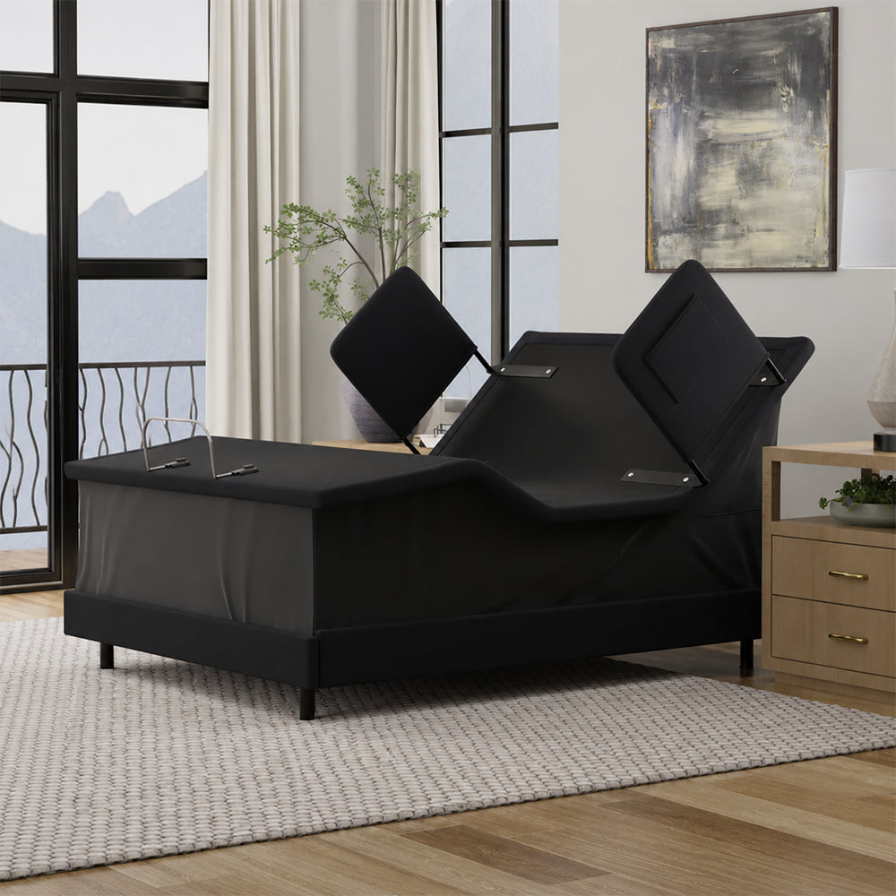 The internal motorized lift system of the SBLB High-Low base, featuring a protective black upholstery shroud for a sleek home care look.
