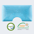 CertiPUR-US certified Malouf blue gel memory foam pillow with ergonomic shoulder cut-out for neck alignment.
