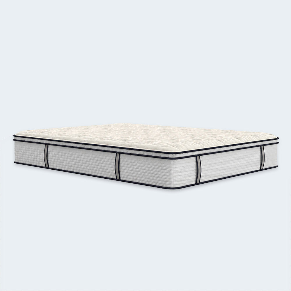 Full side profile of the isolated South Bay hybrid mattress highlighting the supportive 14-inch height and multi-layered construction.
