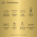 Infographic for Baselogic Gold features including split-head adjustability, underbed lighting, massage, and USB A+C ports.
