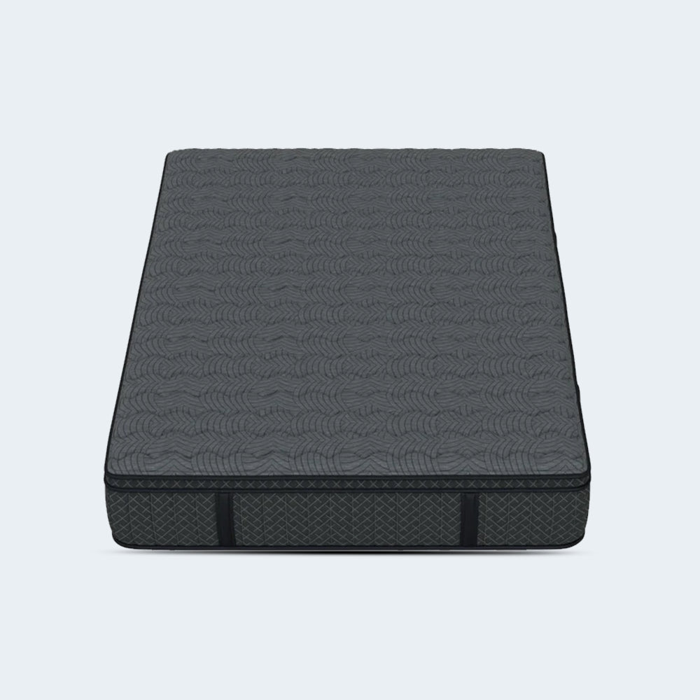 Perspective studio view of the Allureluxe Bamboo Hybrid Elite mattress showcasing the quilted sleep surface and dark grey borders.
