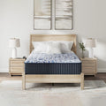 Frontal view of the Ashley Furniture Luxe 2.0 Blue mattress featuring a luxury 15-inch profile and breathable cooling performance fabric.
