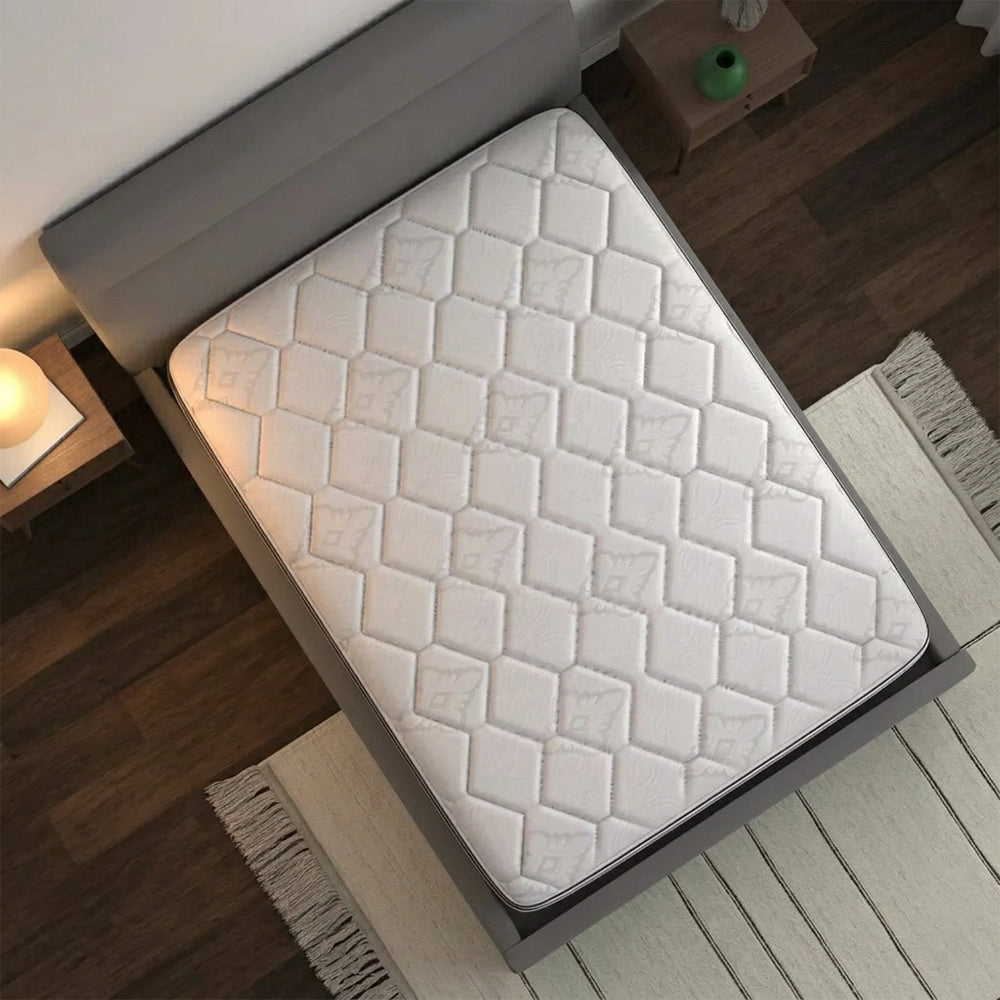Top-down overhead view of the American Bedding Cymbal Jingle 10-inch Hybrid Euro Top Firm Mattress showing the elegant floral quilted pattern.
