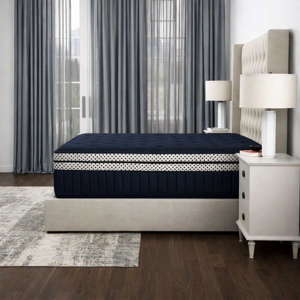 Side view of the WinkBeds Blue 17" Mattress showing its luxury firm double box top and navy tufted surface.
