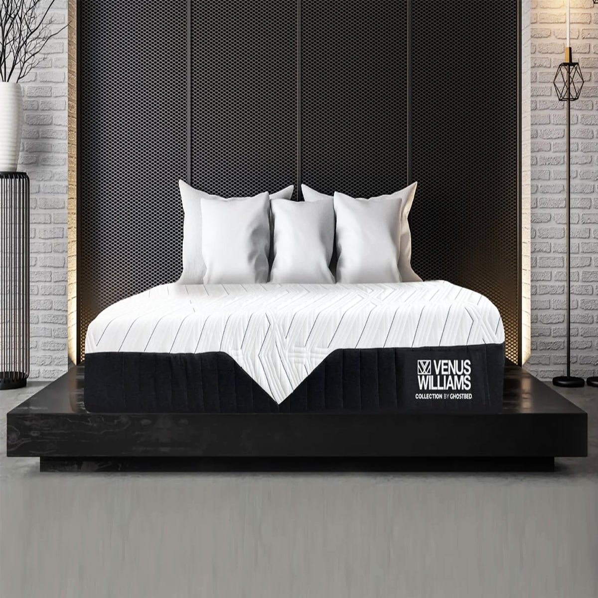 Front view of the Venus Williams Legend 13" Memory Foam Mattress by GhostBed on a minimalist black bed platform.