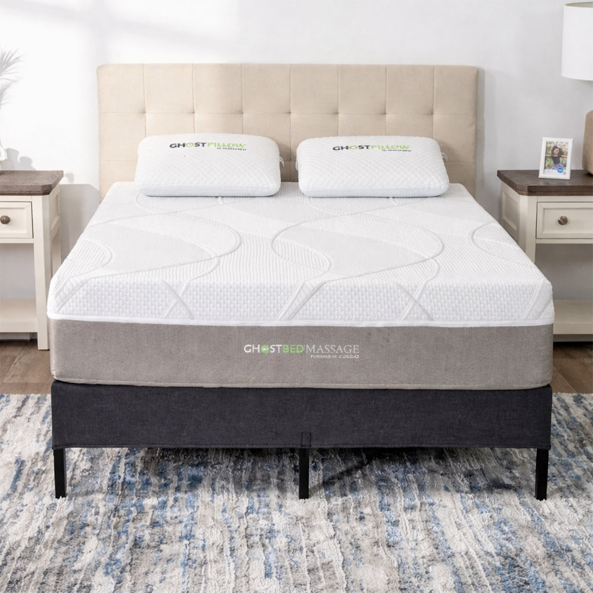 Top view of the 12" Medium Foam Mattress by GhostBed on a minimalist bed frame in a contemporary bedroom.