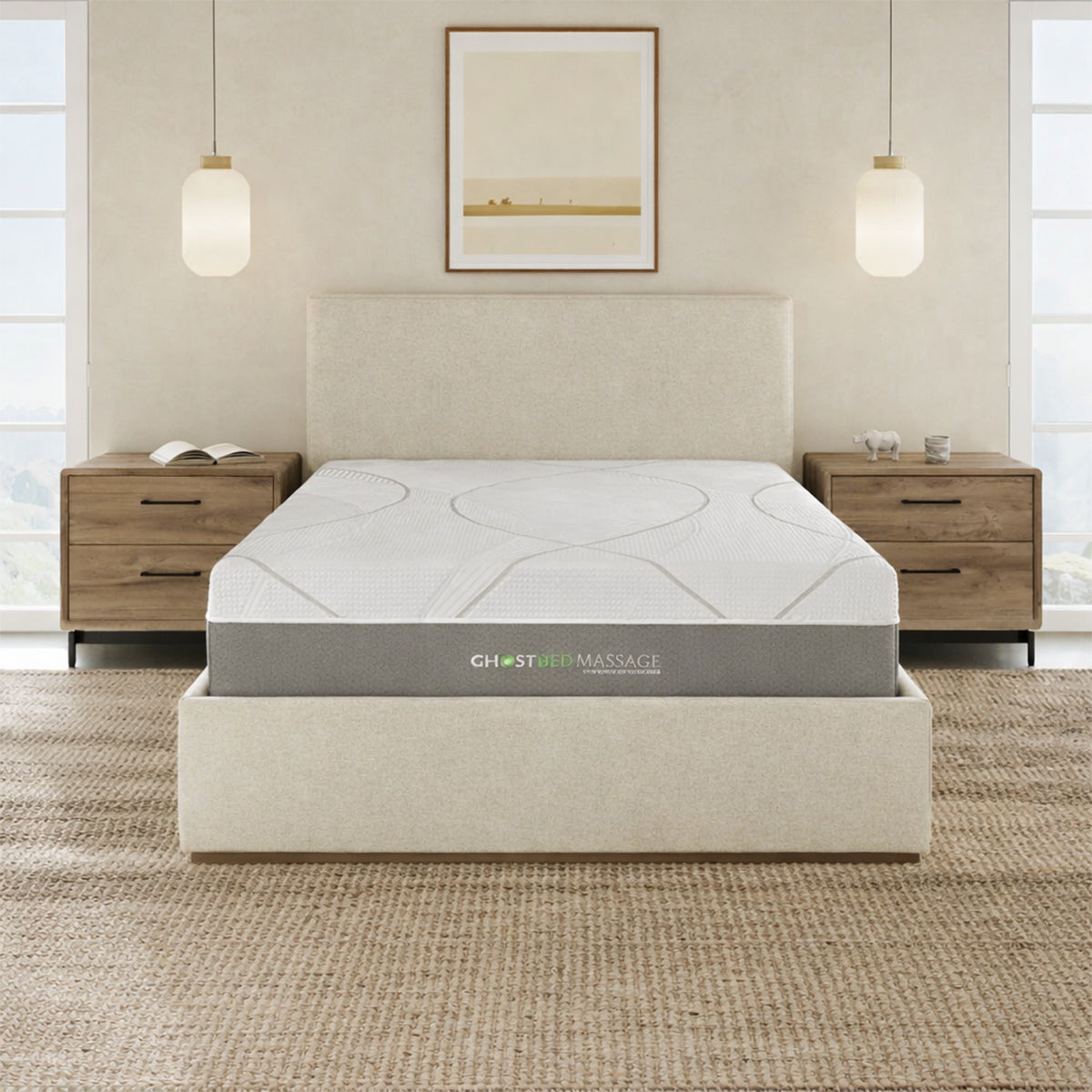Front view of the GhostBed 12" Massage Medium Hybrid Mattress in a neutral bedroom with wooden nightstands.