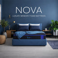 Front view of the Nova luxury memory foam mattress featuring iDealBed branding in a coordinated blue bedroom setting.