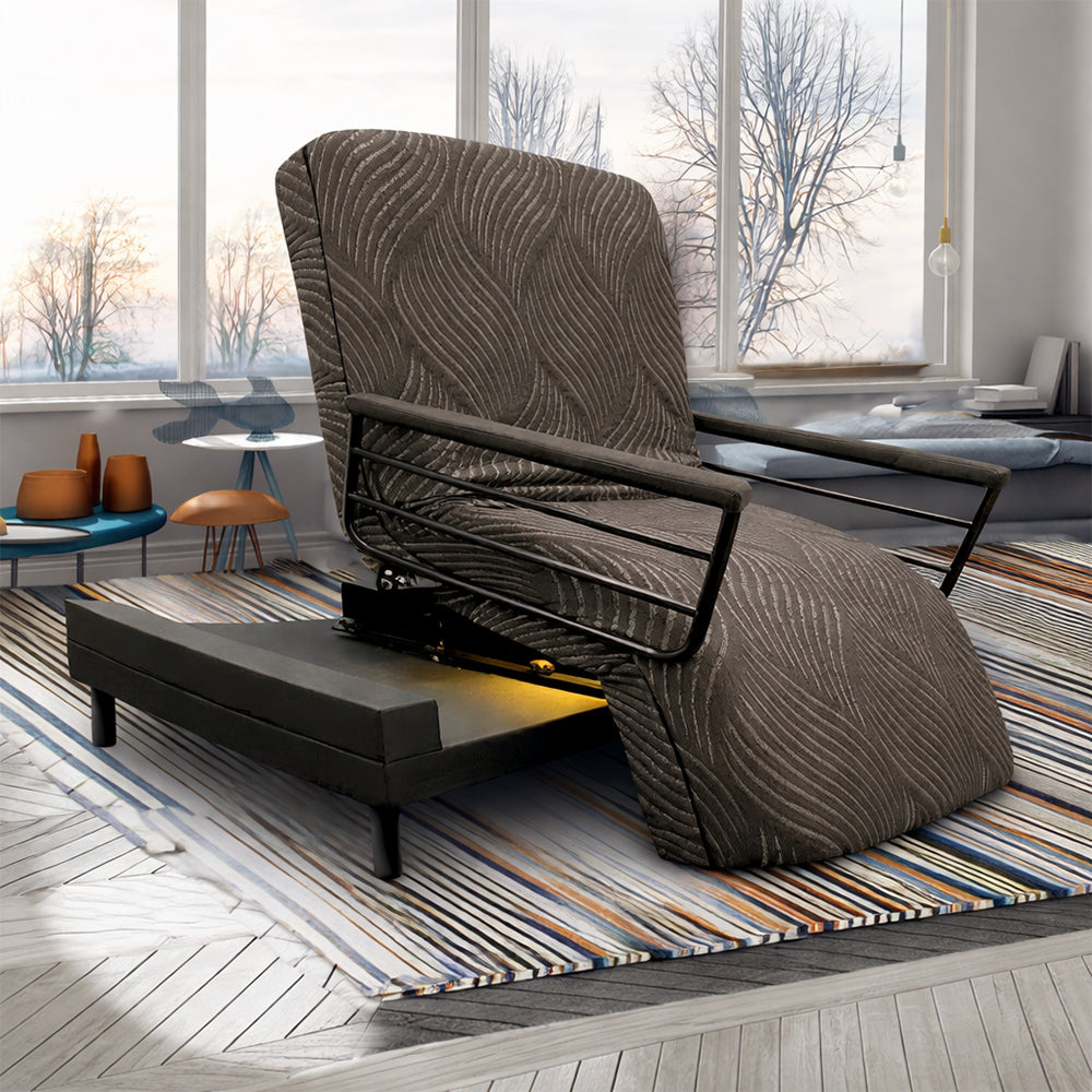 The Independence Journey Upbed rotated to stand position in a bright bedroom, highlighting the space-saving side exit.

