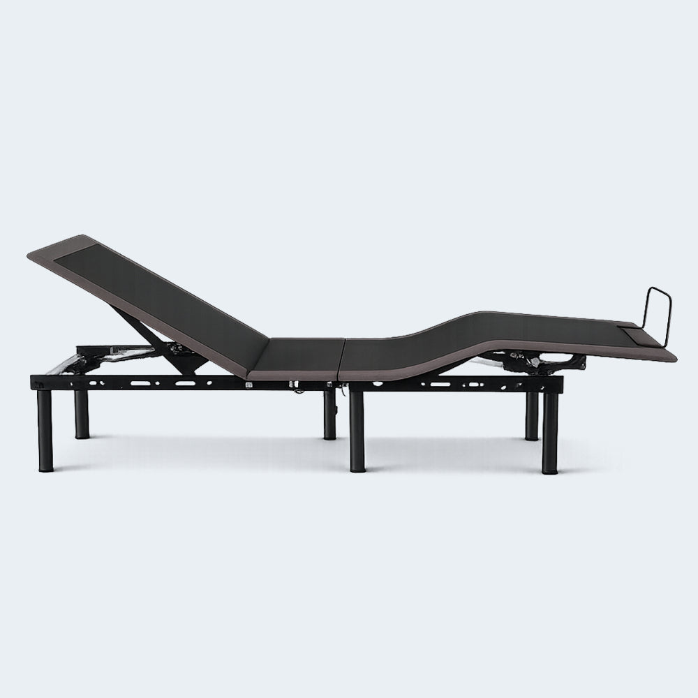 Motorized Malouf E255 adjustable bed frame shown in a contoured lounging position on a clean white background.
