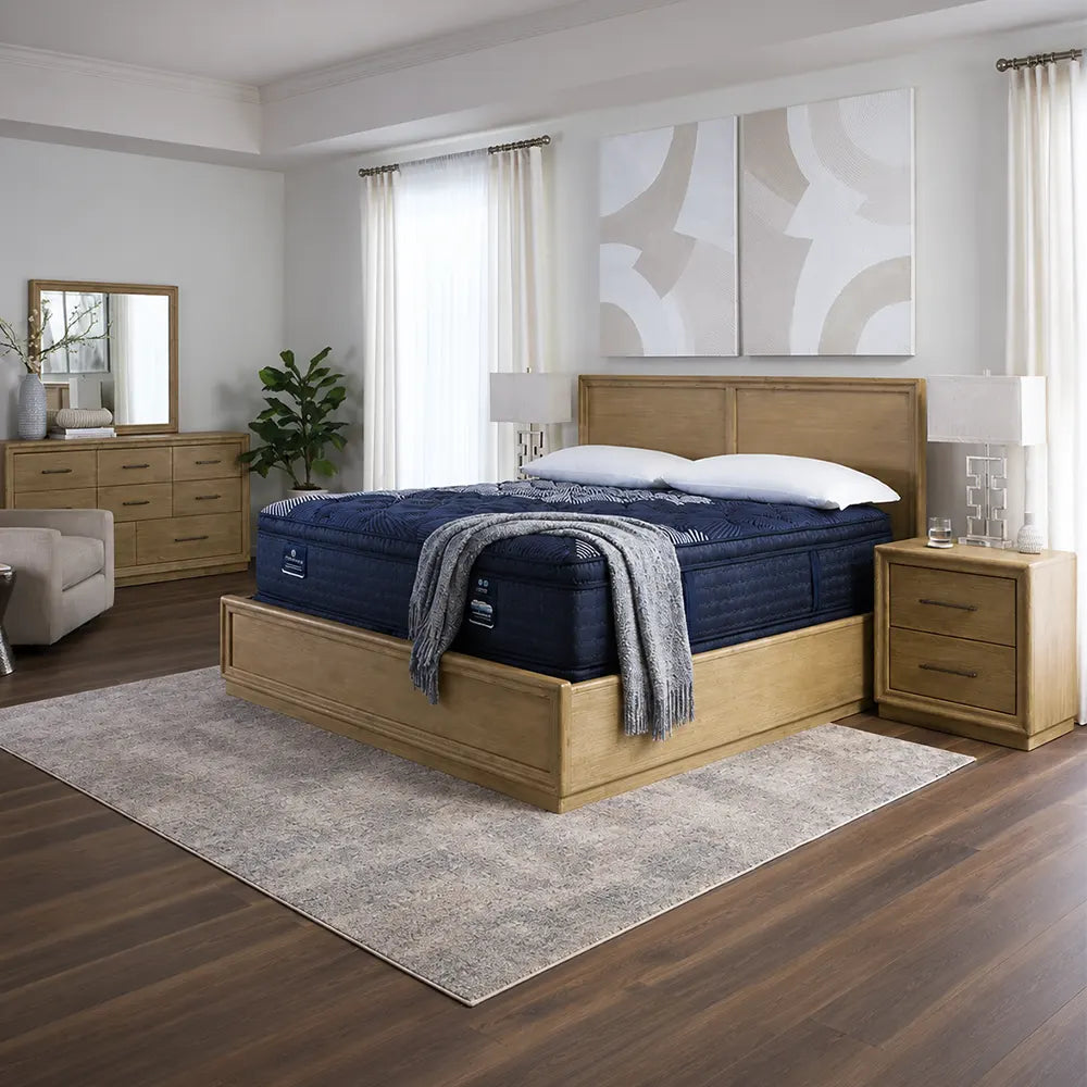 Luxury bedroom styling for the Serta Perfect Sleeper X Max 15.25 Inch Firm Pillow Top Hybrid Mattress.
