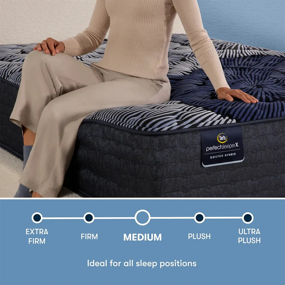 Serta Perfect Sleeper X Max mattress firmness scale showing medium comfort ideal for all sleep positions.

