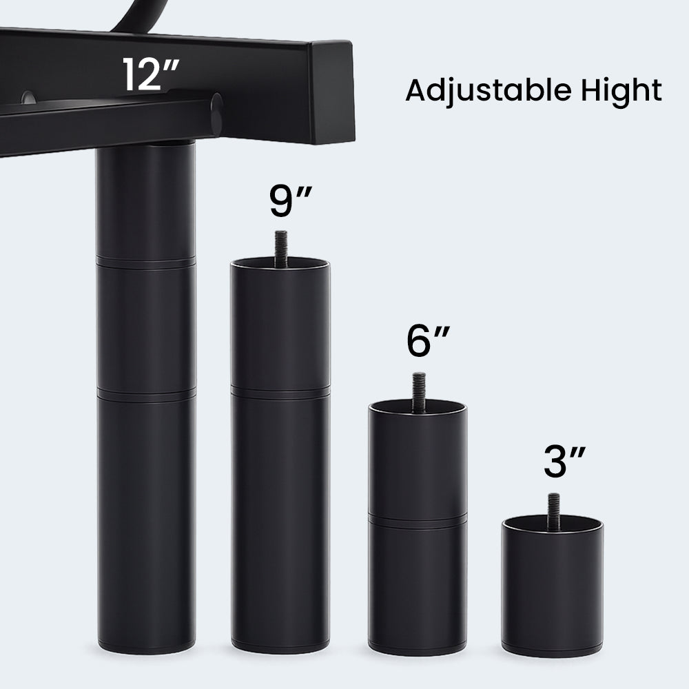 Comparison of the SleepTone S5000 adjustable height legs featuring four customizable height settings: 3-inch, 6-inch, 9-inch, and 12-inch profile options.
