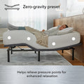 Woman relaxing in the zero-gravity preset on a baselogic Silver base, designed to relieve pressure points for enhanced full-body relaxation.

