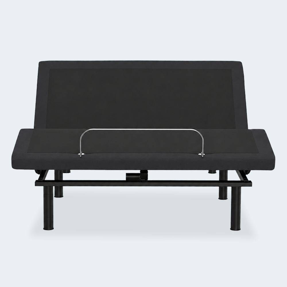Front view of the SBKDG2 smart adjustable base with head elevation and mattress retainer bar in a premium charcoal upholstered finish.
