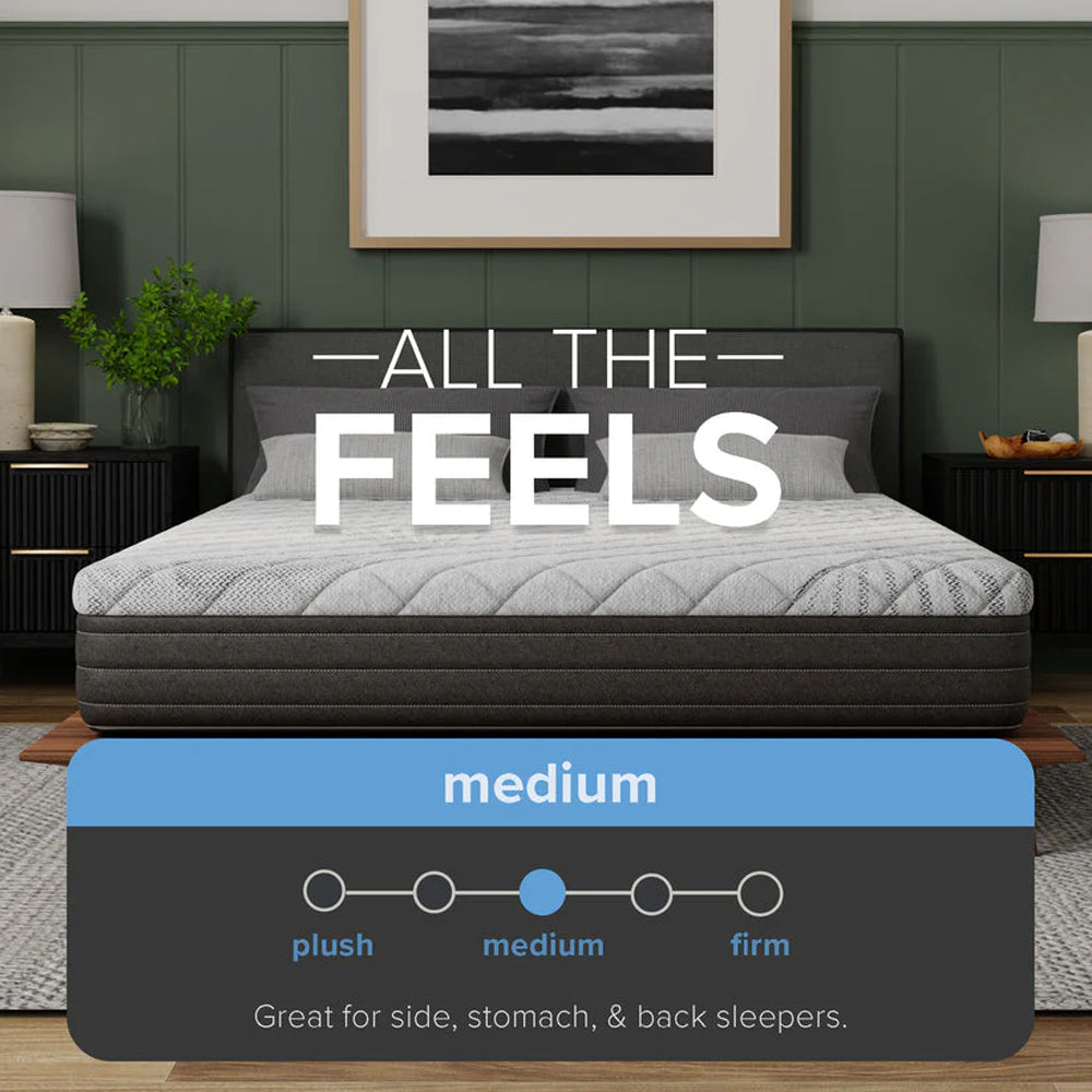 Mattress firmness scale for South Bay Essentials indicating a "Medium" feel, recommended for side, stomach, and back sleepers.
