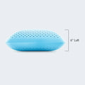 Side profile of the blue Malouf shoulder pillow highlighting the 6-inch high loft for side sleeper comfort.

