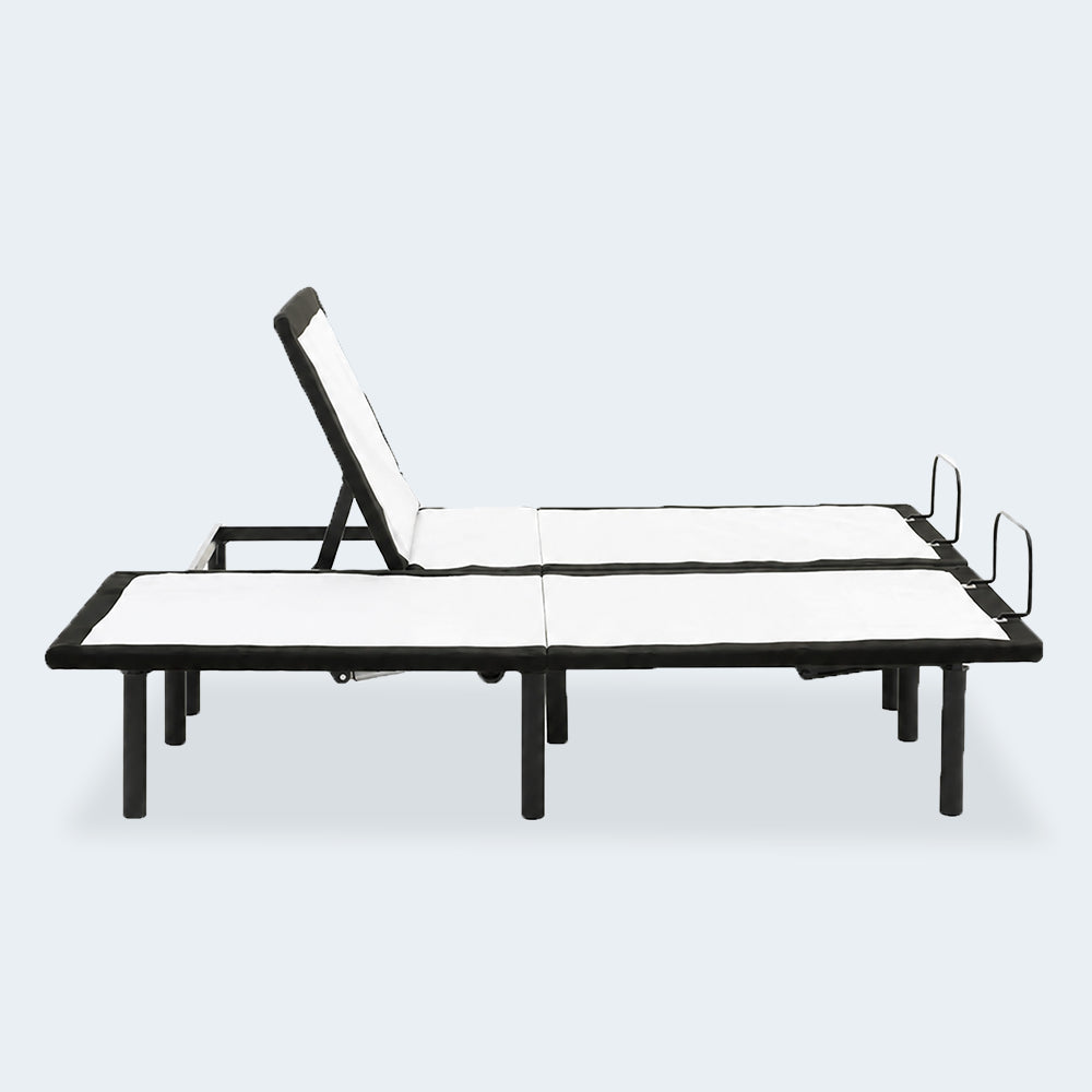 Split twin XL SBKDH Head up Adjustable Bases side-by-side, demonstrating one side flat and the other side raised for versatile comfort.

