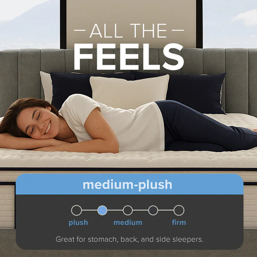 Lifestyle image of a woman sleeping on the Sofinity Hybrid Plus mattress with a firmness scale indicating a medium-plush comfort level.
