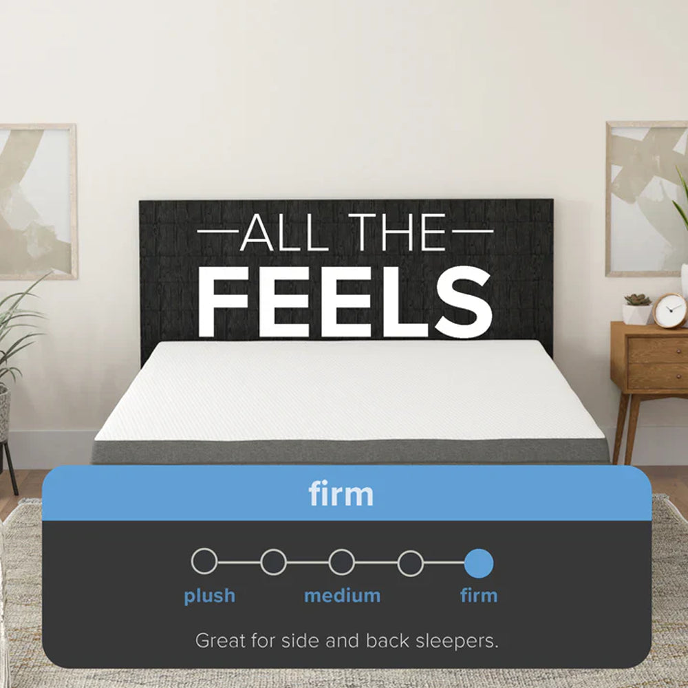 Firmness scale infographic highlighting the South Bay Daisy mattress as a "Firm" feel, specifically recommended for side and back sleepers.
