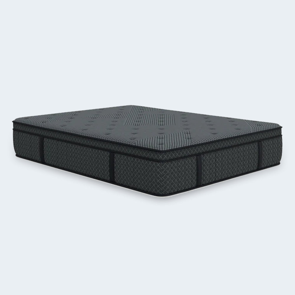 Studio perspective view of the Allureluxe Classic Bamboo Hybrid mattress featuring Cooling Lumi Bands and patented edge support.
