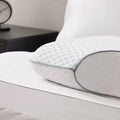 Close-up of the grey breathable mesh gusset on a Malouf cooling bamboo charcoal memory foam pillow.