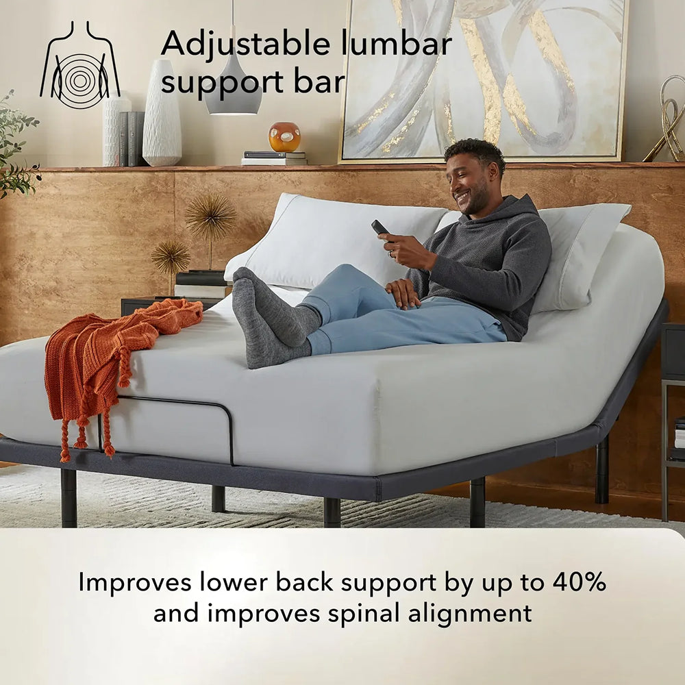 baselogic™ Pearl Adjustable Base highlighting the adjustable lumbar support bar designed to improve lower back comfort and spinal alignment.

