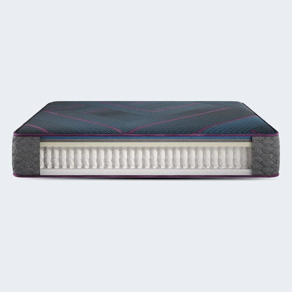 Close-up of the premium cooling fabric on a Beautyrest World Class Hybrid Level Three Medium mattress.
