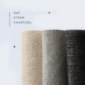 Malouf Watson Platform Bed fabric swatches in timeless Oat, Stone, and Charcoal textured upholstery options