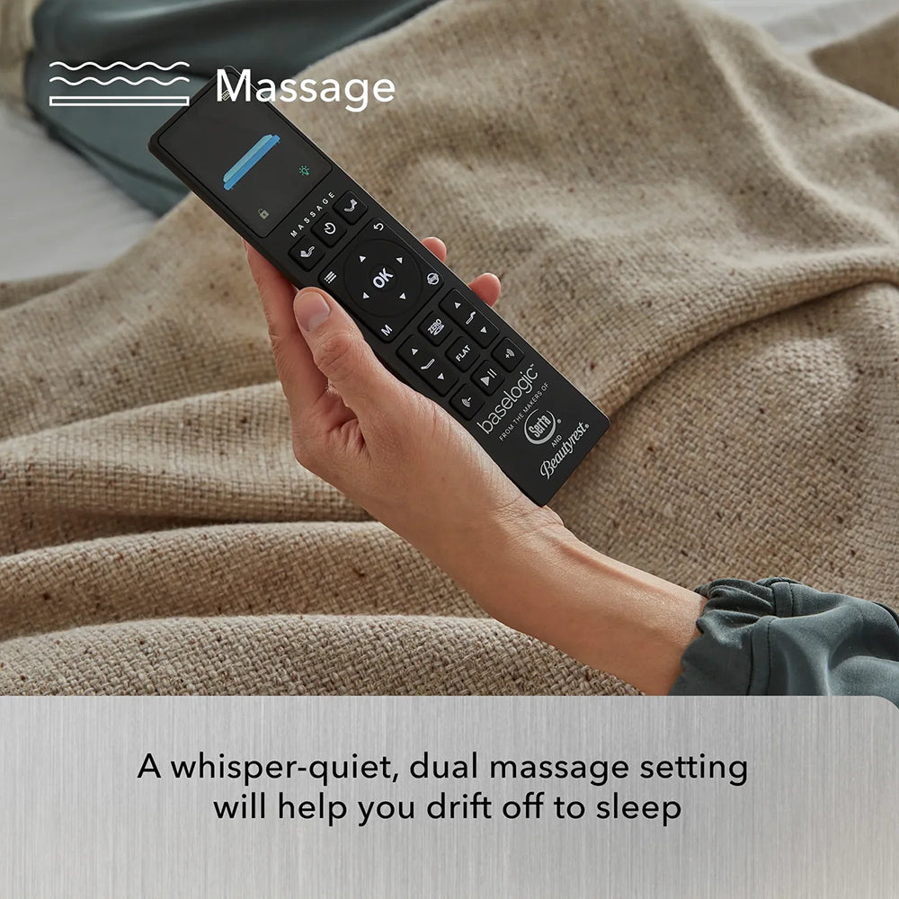 Handheld wireless remote showing dual massage settings for the Baselogic Platinum Adjustable Base for whisper-quiet relaxation.
