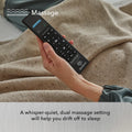 Handheld wireless remote showing dual massage settings for the Baselogic Platinum Adjustable Base for whisper-quiet relaxation.
