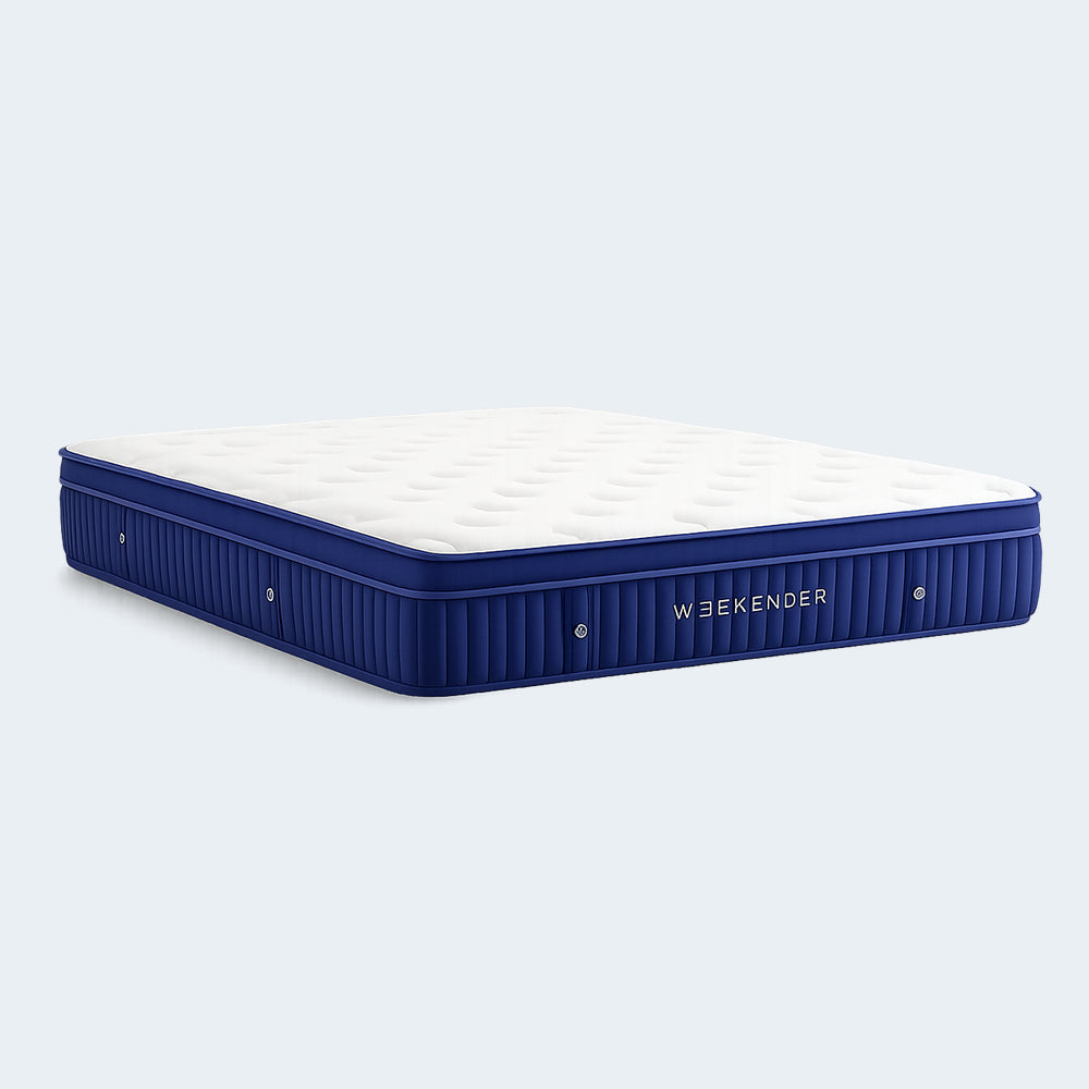 Isolated three-quarter angled view of the Weekender 13-inch medium plush mattress emphasizing the luxury Euro top quilted surface.
