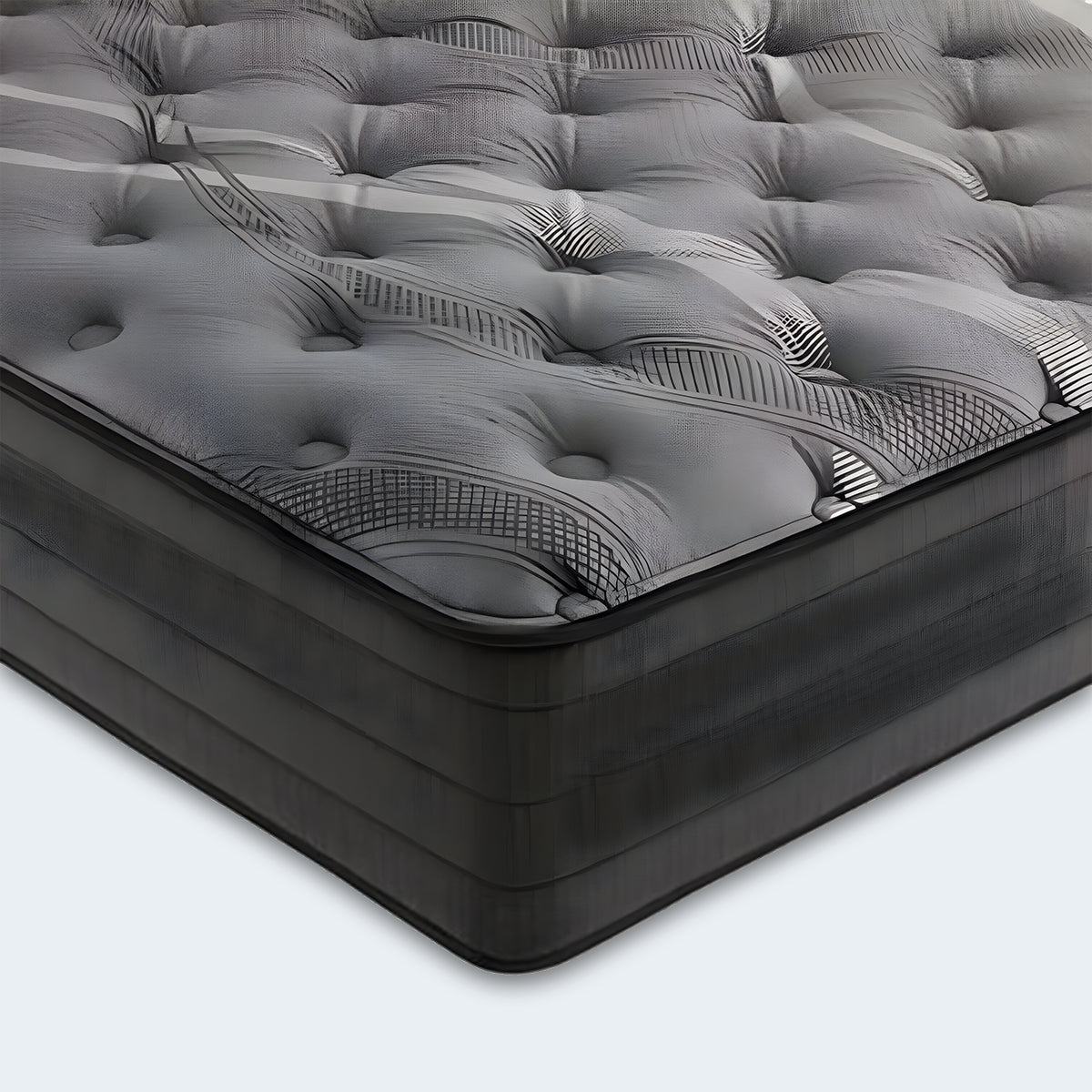 Detailed close-up of the Corsicana Nights Bridge mattress surface highlighting the premium charcoal quilted fabric and cooling graphite-infused layers.
