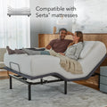 Baselogic Silver adjustable base shown in a bedroom setting highlighting compatibility with Serta and other leading mattress brands.
