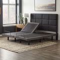 Malouf M455 split king adjustable bed showing independent side control with one head section elevated while the other is flat.
