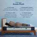 Serta Aveda Plush infographic showing 5 ZoneResponse design for spinal alignment and cool sleep.
