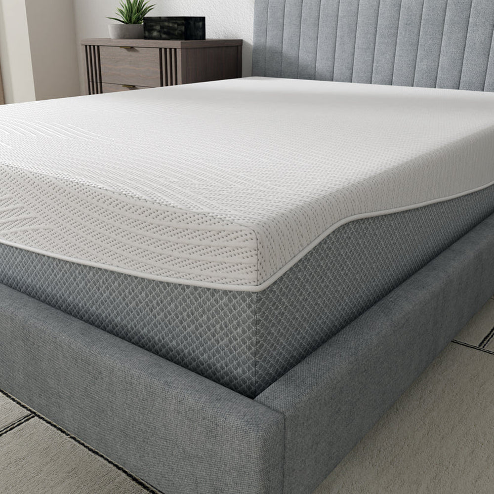 Detailed close-up of the EcoCore Hybrid Deluxe mattress cover highlighting the premium quilted sleep surface and grey textured border.

