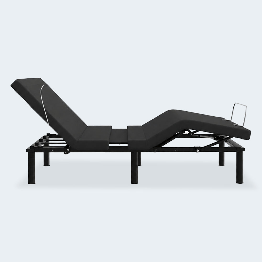 Side profile of the SBKDG2 zero-clearance adjustable base shown in a therapeutic zero-gravity position for maximum pressure relief.
