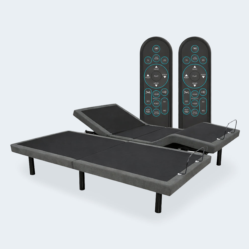 Split King iDealBed Smart 5i adjustable bed base set shown with two independent bases and two wireless remotes.
