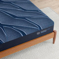 Close-up of the Serta iSeries NXG 1500 logo on the durable navy blue border of a firm hybrid mattress.
