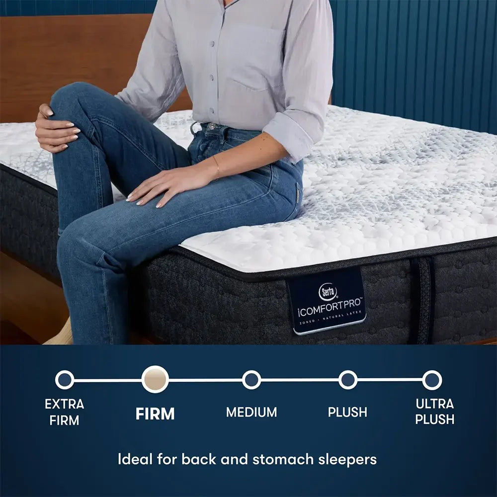 Firmness scale for Serta Ambrose firm mattress, ideal for back and stomach sleepers with 5-zone support.
